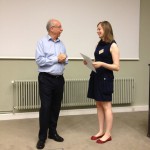 Photo of Katherine Thompson talking to Gerd Gigerenzer at the Max Planck Institute for Human Development